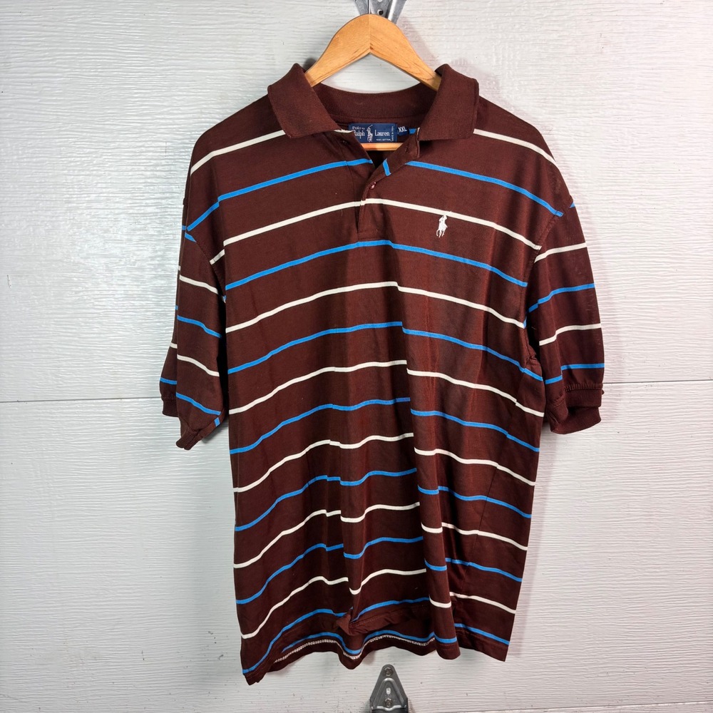 Polo Ralph Lauren Brown Striped Polo XXL (XL) Blue Cream Pony Preppy